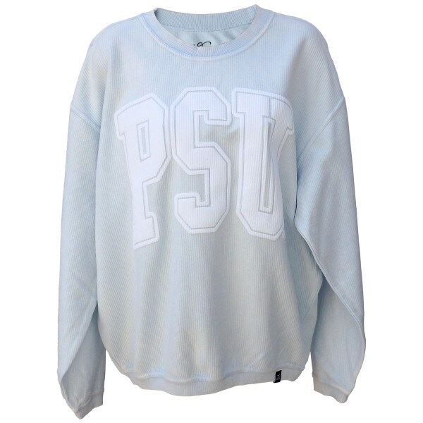 light blue women's corded crew with large PSU varsity puff graphic